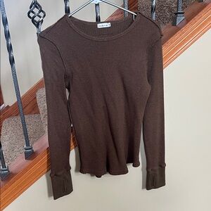 Brown thick waffle weave thermal Long Sleeve Ribbed Top